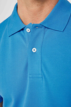 Erkek Slim Fit Dar Kesim %100 Pamuk Düz Pike Sax Mavi Polo Yaka Tişört