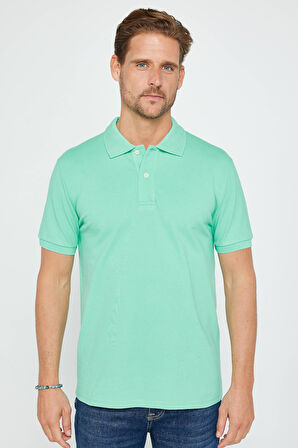 Erkek Slim Fit Dar Kesim %100 Pamuk Düz Pike Yeşil Polo Yaka Tişört