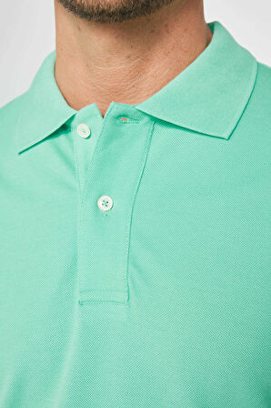 Erkek Slim Fit Dar Kesim %100 Pamuk Düz Pike Yeşil Polo Yaka Tişört