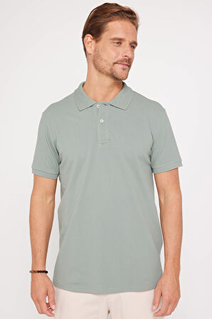 Erkek Slim Fit Dar Kesim %100 Pamuk Düz Pike Yeşil Polo Yaka Tişört