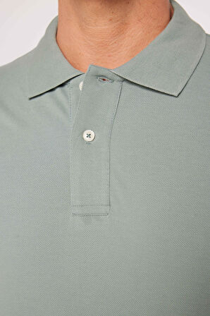 Erkek Slim Fit Dar Kesim %100 Pamuk Düz Pike Yeşil Polo Yaka Tişört