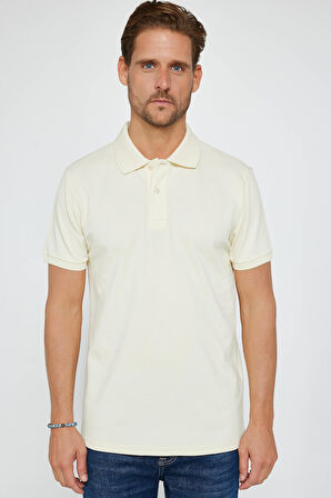 Erkek Slim Fit Dar Kesim %100 Pamuk Düz Pike Krem Renk Polo Yaka Tişört