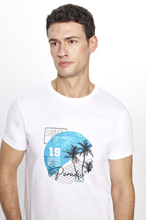 Erkek Slim Fit Dar Kesim %100 Pamuk Yumuşak Dokulu Baskılı Beyaz Bisiklet Yaka Tişört