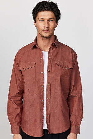 Relax Fit Uzun Kollu Denim Kot Parça Boyalı Çift Cep Kapaklı Çıtçıtlı Kahverengi Erkek Gömlek