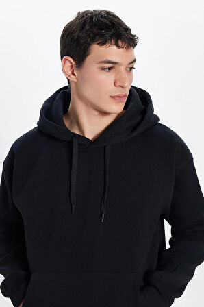 Unisex Oversize Geniş Kesim Pamuklu Yumuşak Dokulu İçi Polarlı Basic Siyah Kapüşonlu Sweatshirt