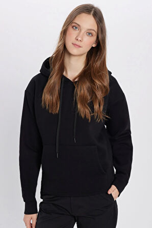Unisex Oversize Geniş Kesim Pamuklu Yumuşak Dokulu İçi Polarlı Basic Siyah Kapüşonlu Sweatshirt