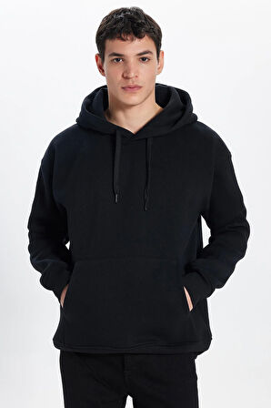 Unisex Oversize Geniş Kesim Pamuklu Yumuşak Dokulu İçi Polarlı Basic Siyah Kapüşonlu Sweatshirt
