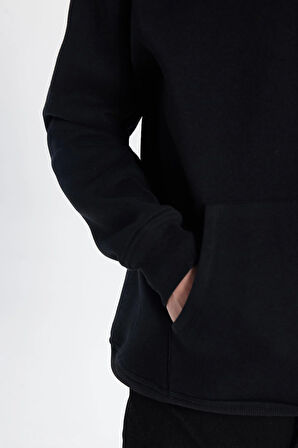 Unisex Oversize Geniş Kesim Pamuklu Yumuşak Dokulu İçi Polarlı Basic Siyah Kapüşonlu Sweatshirt