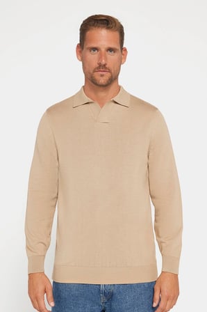 Erkek Standart Fit Normal Kesim Polo V Yaka Taş Triko Kazak