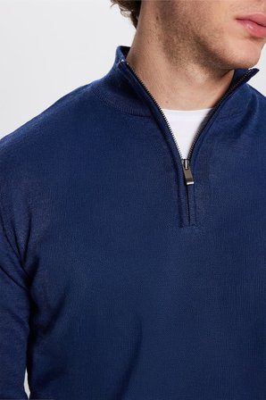 Erkek Regular Fit Klasik Kesim Yünlü Fermuarlı Saks Mavi Dik Yaka Triko Kazak