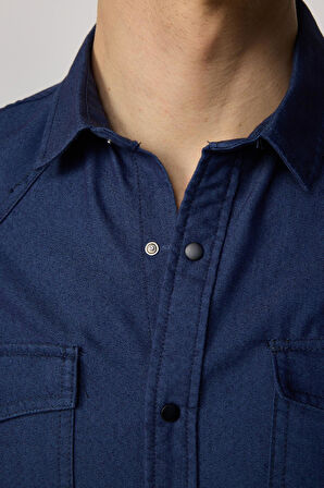 Slim Fit Uzun Kollu Gündelik Denim Kot Lacivert Erkek Gömlek