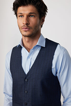 Slim Fit Dar Kesim Fleto Cep 4 Mevsim Çizgili Lacivert Erkek Yelek