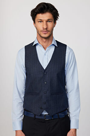 Slim Fit Dar Kesim Fleto Cep 4 Mevsim Çizgili Lacivert Erkek Yelek