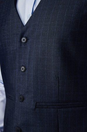 Slim Fit Dar Kesim Fleto Cep 4 Mevsim Çizgili Lacivert Erkek Yelek