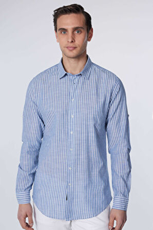 Erkek Slim Fit Dar Kesim Uzun Kollu %100 Pamuk Keten Doku Çizgili Gömlek