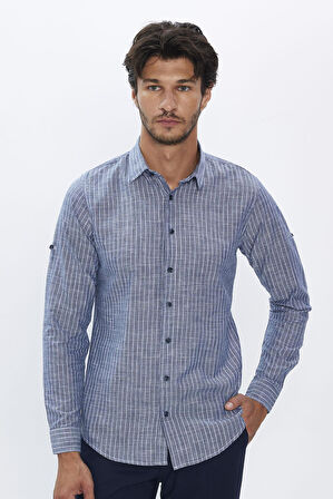 Erkek Slim Fit Dar Kesim Uzun Kollu %100 Pamuk Keten Doku Çizgili Gömlek