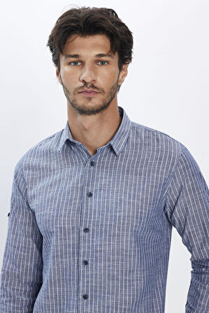Erkek Slim Fit Dar Kesim Uzun Kollu %100 Pamuk Keten Doku Çizgili Gömlek