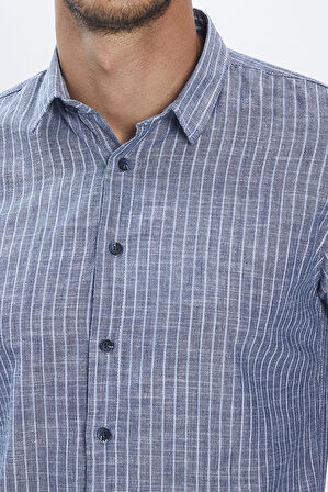 Erkek Slim Fit Dar Kesim Uzun Kollu %100 Pamuk Keten Doku Çizgili Gömlek