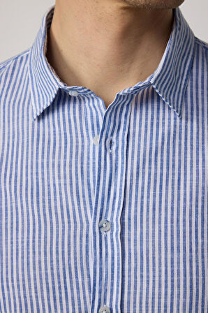 Erkek Slim Fit Dar Kesim Uzun Kollu %100 Pamuk Keten Doku Çizgili Gömlek