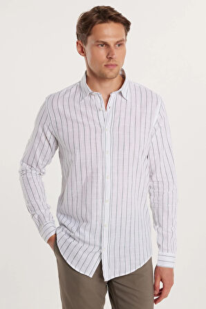 Erkek Slim Fit Dar Kesim Uzun Kollu %100 Pamuk Keten Doku Çizgili Gömlek