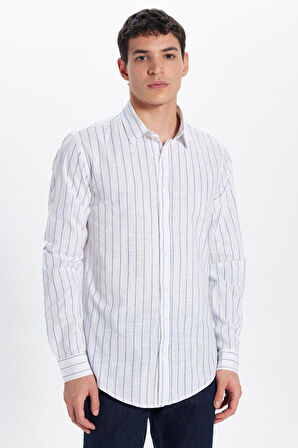 Erkek Slim Fit Dar Kesim Uzun Kollu %100 Pamuk Keten Doku Çizgili Gömlek