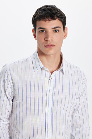 Erkek Slim Fit Dar Kesim Uzun Kollu %100 Pamuk Keten Doku Çizgili Gömlek