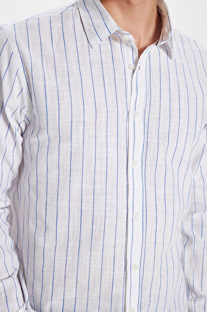 Erkek Slim Fit Dar Kesim Uzun Kollu %100 Pamuk Keten Doku Çizgili Gömlek