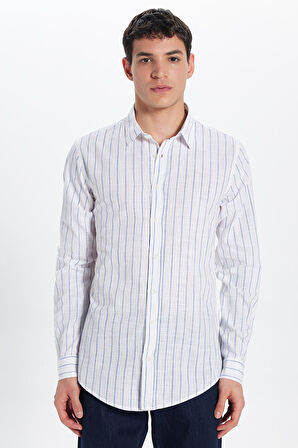 Erkek Slim Fit Dar Kesim Uzun Kollu %100 Pamuk Keten Doku Çizgili Gömlek
