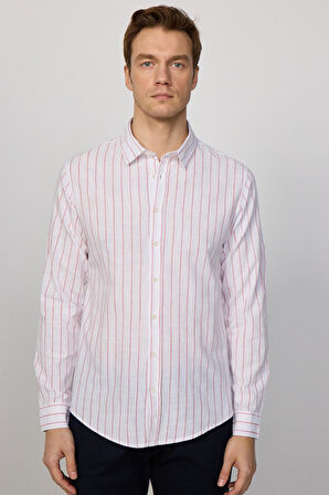 Erkek Slim Fit Dar Kesim Uzun Kollu %100 Pamuk Keten Doku Çizgili Gömlek