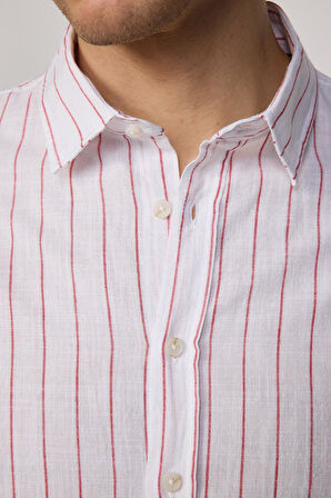 Erkek Slim Fit Dar Kesim Uzun Kollu %100 Pamuk Keten Doku Çizgili Gömlek