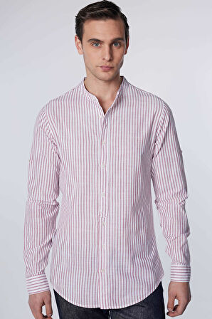 Erkek Slim Fit Dar Kesim Uzun Kollu %100 Pamuk Keten Doku Çizgili Hakim Yaka Gömlek