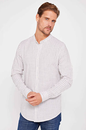 Erkek Slim Fit Dar Kesim Uzun Kollu %100 Pamuk Keten Doku Çizgili Hakim Yaka Gömlek