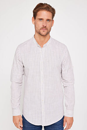 Erkek Slim Fit Dar Kesim Uzun Kollu %100 Pamuk Keten Doku Çizgili Hakim Yaka Gömlek