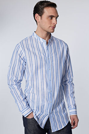 Erkek Slim Fit Dar Kesim Uzun Kollu %100 Pamuk Keten Doku Çizgili Hakim Yaka Gömlek