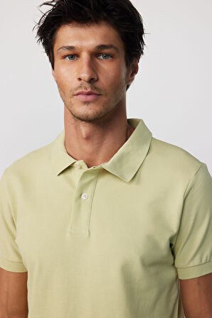 Erkek Slim Fit Dar Kesim %100 Pamuk Düz Pike Yeşil Polo Yaka Tişört