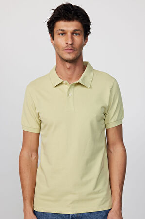 Erkek Slim Fit Dar Kesim %100 Pamuk Düz Pike Yeşil Polo Yaka Tişört