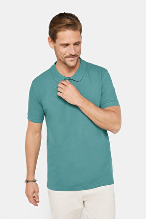 Erkek Slim Fit Dar Kesim %100 Pamuk Düz Pike Mavi Polo Yaka Tişört