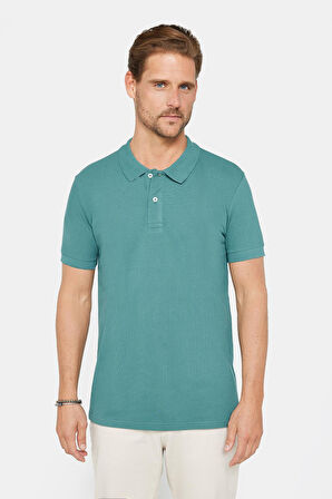 Erkek Slim Fit Dar Kesim %100 Pamuk Düz Pike Mavi Polo Yaka Tişört