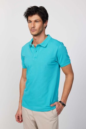 Erkek Slim Fit Dar Kesim %100 Pamuk Düz Pike Yeşil Polo Yaka Tişört