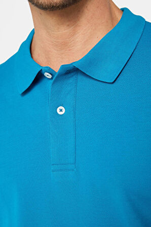 Erkek Slim Fit Dar Kesim %100 Pamuk Düz Pike Mavi Polo Yaka Tişört