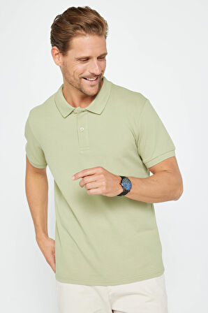 Erkek Slim Fit Dar Kesim %100 Pamuk Düz Pike Yeşil Polo Yaka Tişört