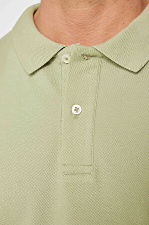 Erkek Slim Fit Dar Kesim %100 Pamuk Düz Pike Yeşil Polo Yaka Tişört