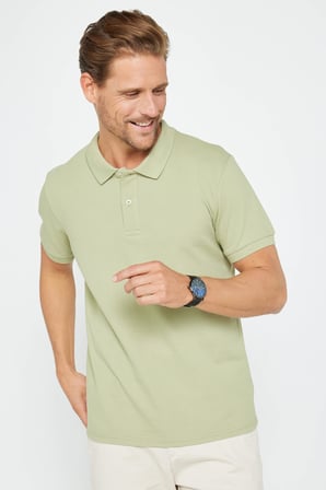 Erkek Slim Fit Dar Kesim %100 Pamuk Düz Pike Yeşil Polo Yaka Tişört