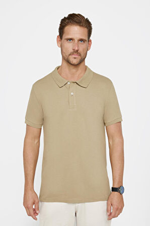 Erkek Slim Fit Dar Kesim %100 Pamuk Düz Pike Kahverengi Polo Yaka Tişört