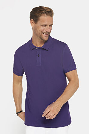 Erkek Slim Fit Dar Kesim %100 Pamuk Düz Pike Mor Polo Yaka Tişört