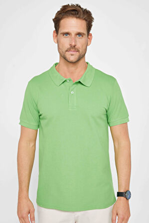 Erkek Slim Fit Dar Kesim %100 Pamuk Düz Pike Yeşil Polo Yaka Tişört