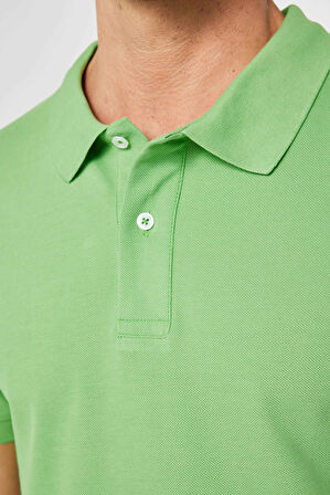 Erkek Slim Fit Dar Kesim %100 Pamuk Düz Pike Yeşil Polo Yaka Tişört