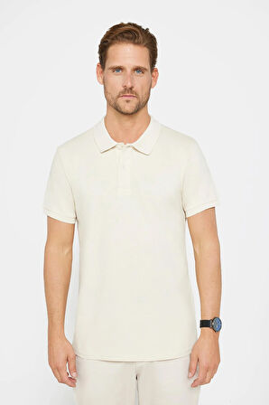 Erkek Slim Fit Dar Kesim %100 Pamuk Düz Pike Ekru Polo Yaka Tişört
