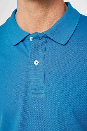 Erkek Slim Fit Dar Kesim %100 Pamuk Düz Pike Mavi Polo Yaka Tişört