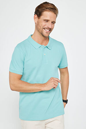 Erkek Slim Fit Dar Kesim %100 Pamuk Düz Pike Mint Polo Yaka Tişört